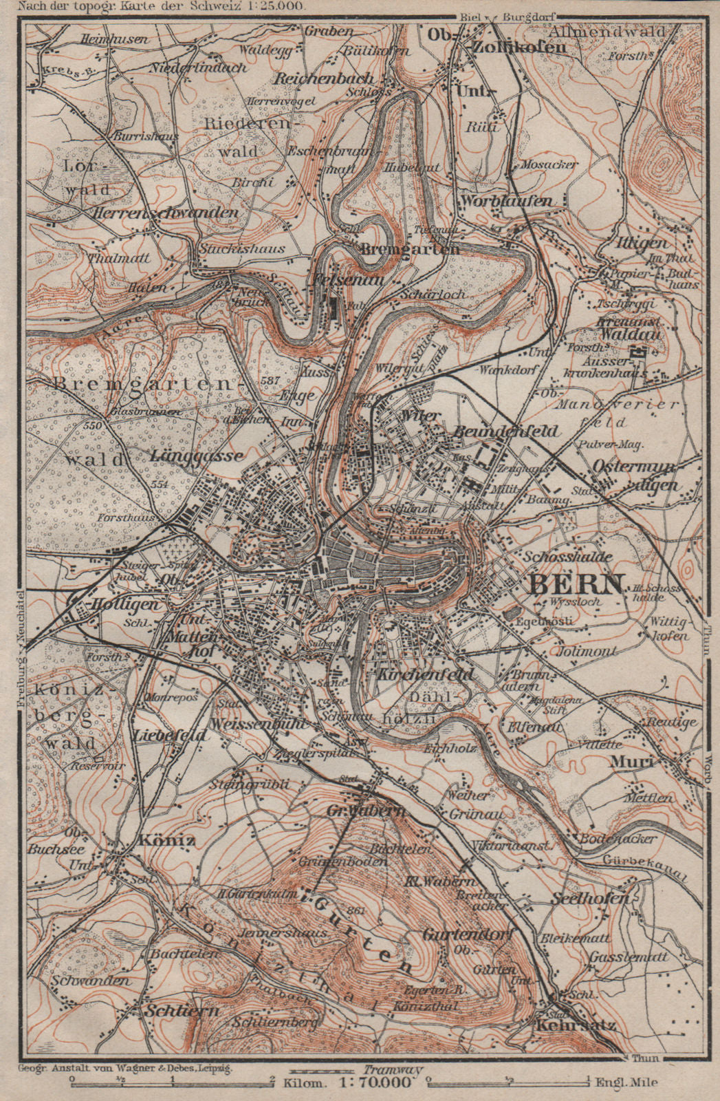 BERN BERNE ENVIRONS. Switzerland Suisse Schweiz carte karte. BAEDEKER 1905 map